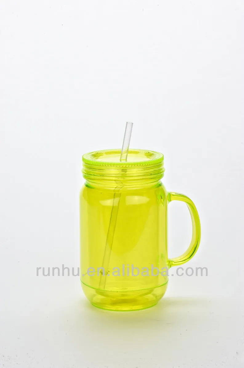 20oz Double Wall Insulated Plastic Mason Jar Mug With Handle Lid Straw