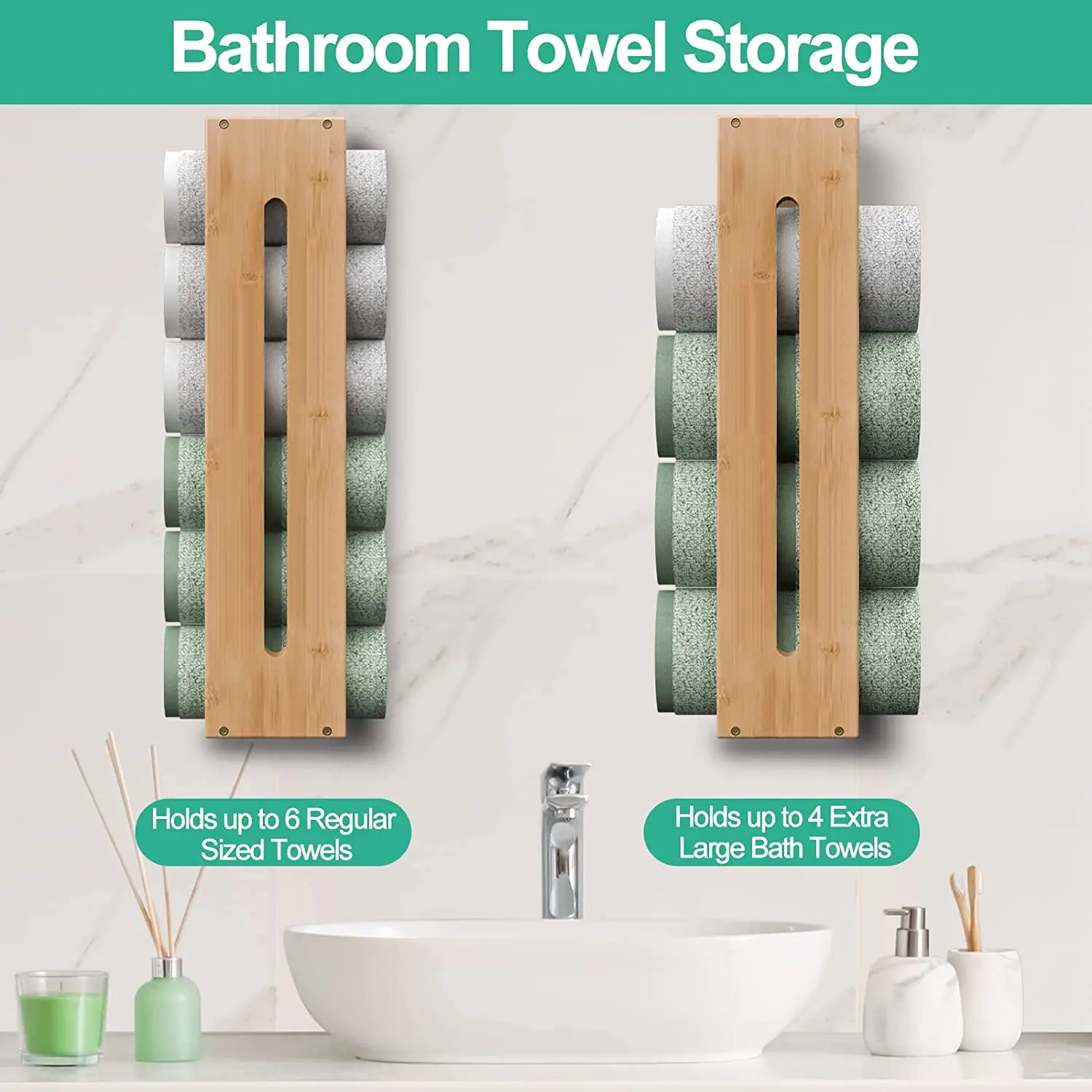 Rolled Towel Rack Wall Mounted Bathroom Bamboo Towel Holder Shelf