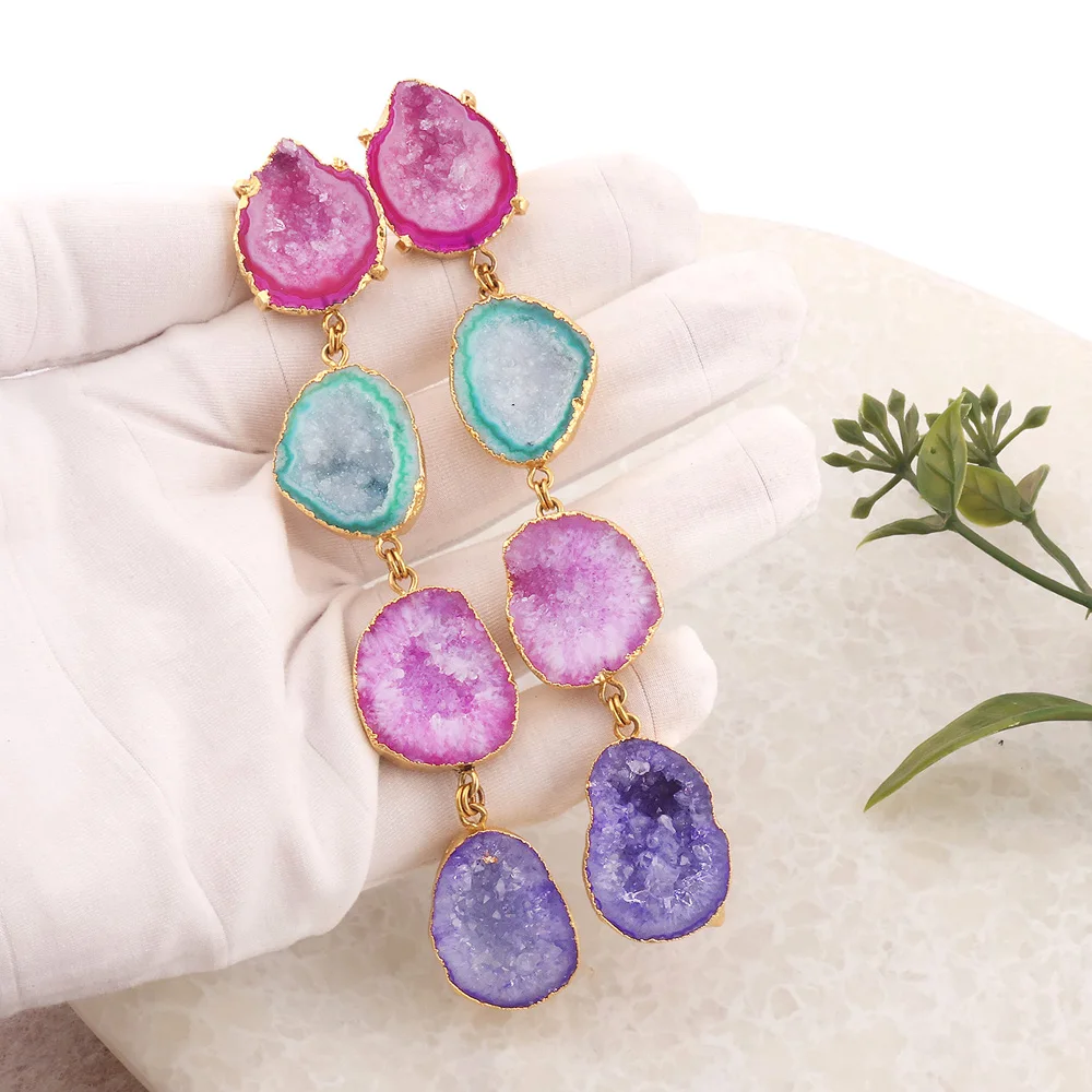 Natural Crystal Multi Color Geode Druzy Large Drop Statement Earring