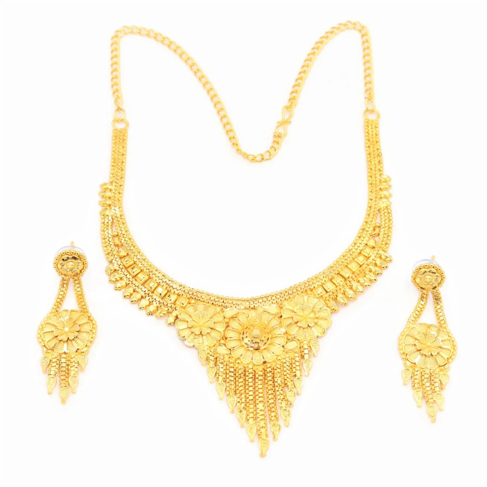 Elegant Yellow Gold Plated Jewelry Set For Women Necklace And Earrings