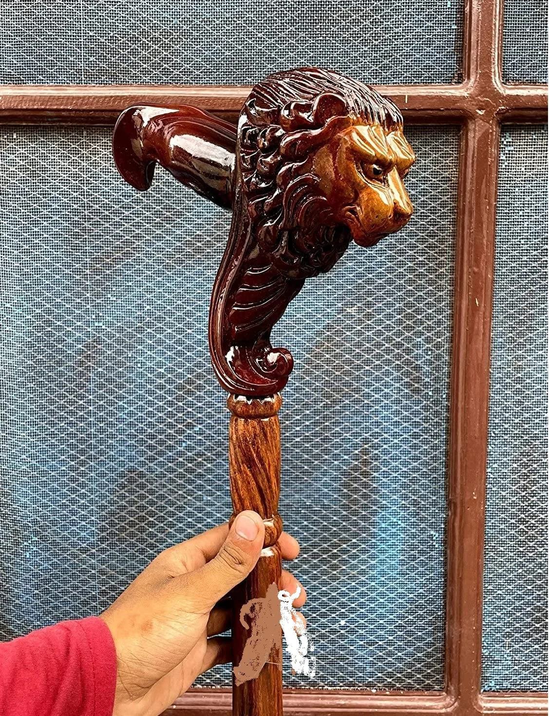 Lion Head Wood Carved Walking Stick Ergonomic Palm Grip Handle Inch