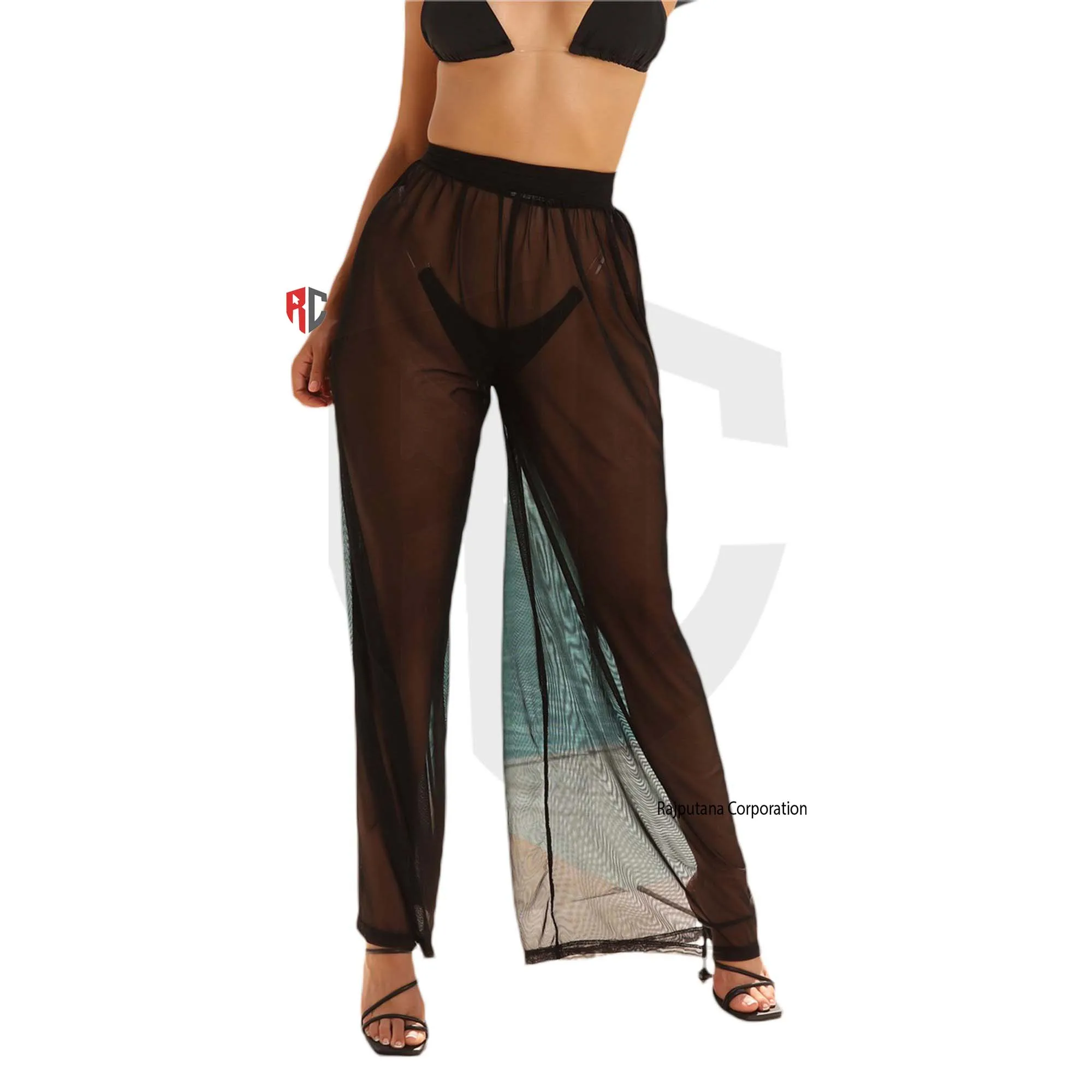 Flare Pant Women See Through Sheer Mesh Pants Beach Swim Bikini