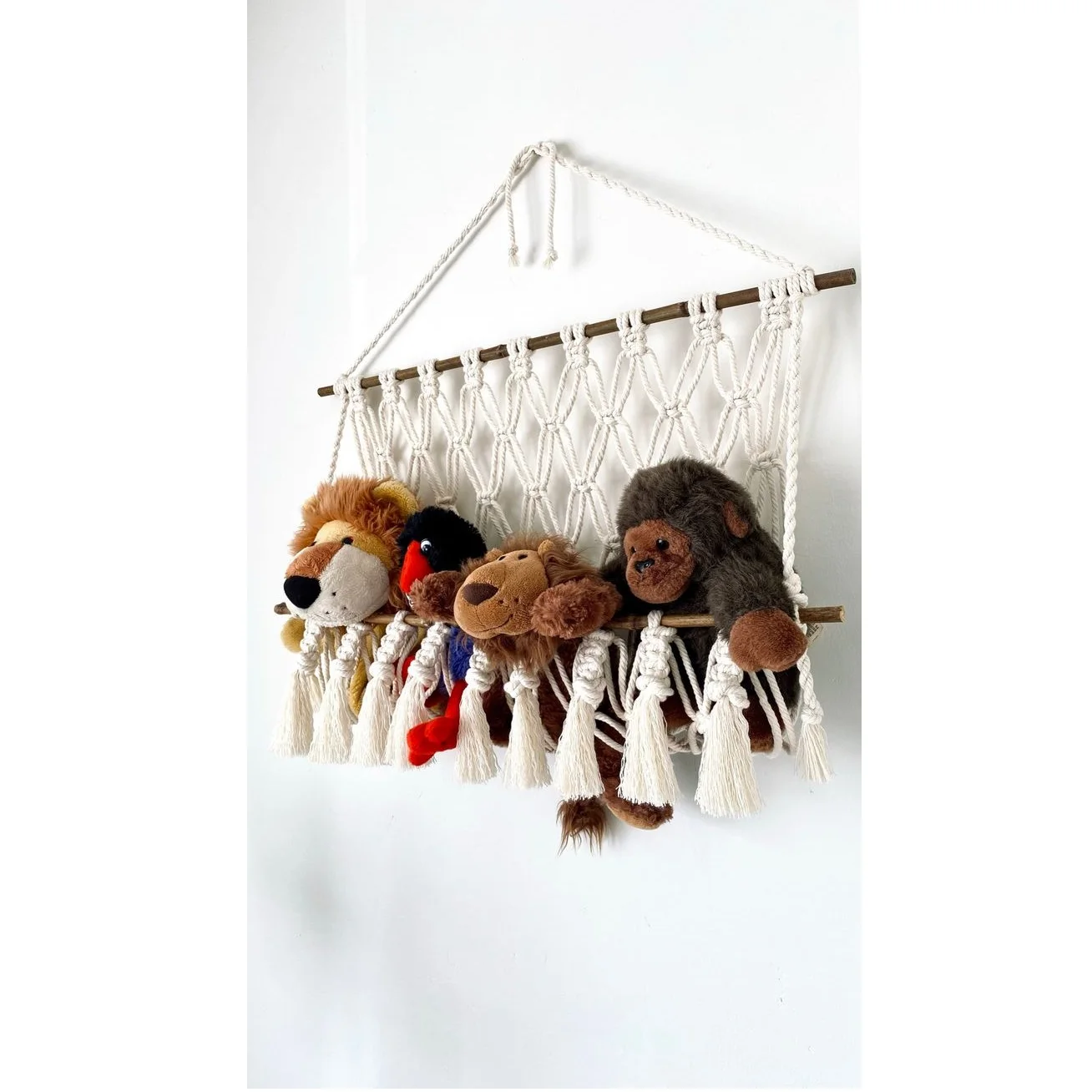 Grey Color Hand Made Macrame Toy Hammock Boho Net Storage Tassels For