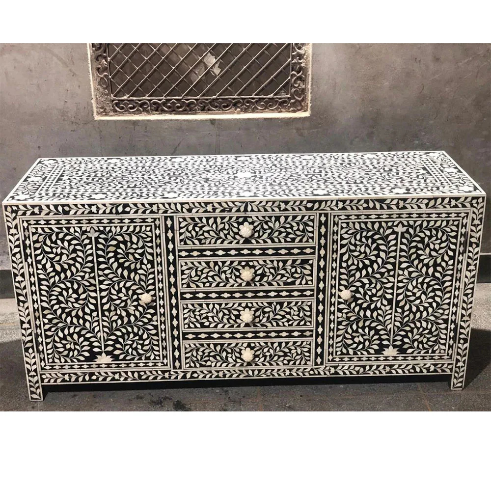 Handmade Bone Inlay Moroccan Floral Black Color Sideboard Handmade