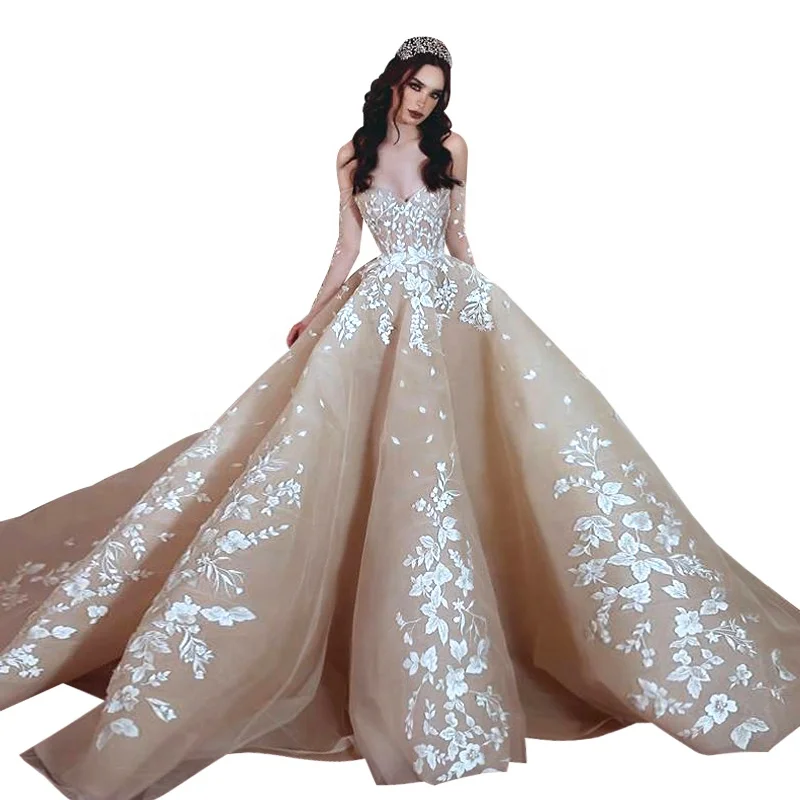 Latest Champagne Bridal Wedding Gowns Off Shoulder Long Sleeve