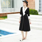 New Woman Elegant Winter Formal Black V Neck Formal Pleat Dress