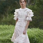 new cape sleeve lace up mature women layer mermaid print tight waist midi fashion dress A3227