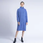 Chic Stylish New Women Ladies High - Neck Long Sleeve Fancy Cable Knit Blue Pullover Long Sweater Dress