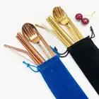 8pcs Korean Golden Spoon Fork Chopstick Straw Set Reusable Outdoor Dinnerware Cutlery Set with Cleaning Brush & Bag