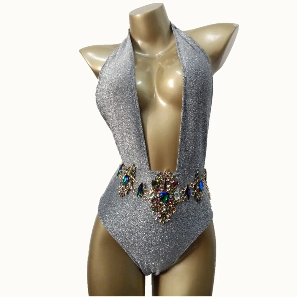 Deep V Shiny Bikini Sexy Rhinestone Swimsuit Crystal Diamond Chain Belt