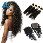 3 Bundles with closure 100% virgin cuticle aligned Brazilian Remy Human Hair, Deep Wave Deals With 4x4 Swiss Lace Closure