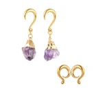 PVD Gold Plating Amethyst Stone Ear Weights Hangers Gauges Plugs Stainless Steel Hooks Piercings Body Jewelry