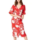 Factory Supply New Model Summer Fashionable Style Woman Clothing Color Red Design Floral Print Kimono Dress