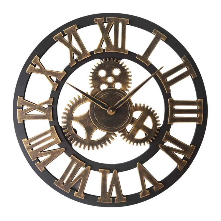 Ручной работы Античная Золотой Silent большой промышленные шестерни Творческий деревенский 3d деревянные настенные часы