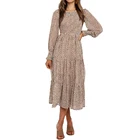 Wholesale autumn fashion bohemia lady dress clothing leopard poly chiffon casual ruffle long sleeves dress women