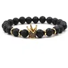 Amazon Best Selling Men's Natural Black Volcanic Lava Stone Beaded Crown Charm Bracelet For Men