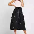 2019 Summer New Arrival Black Women Embroidered Zip Through Midi Skirt
