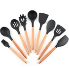 9 pcs food grade black silicone wood handle kitchen accessories cooking baking slotted spatula utensils tools set