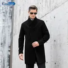 Mens black stand collar hidden placket centre vent recycled woolen long fashion coat