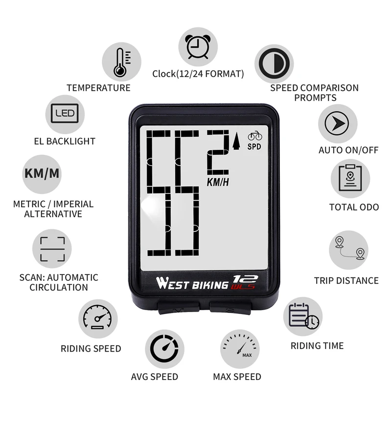 WEST BIKING Large Size Screen Bike Computer Wireless Rainproof Backlight Speedometer Odometer Cycling Stopwatch Bicycle Computer