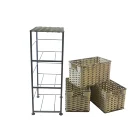 Household metal shelf and handmade rattan drawer cabinet stand with 3 tier plastic willow storage basket