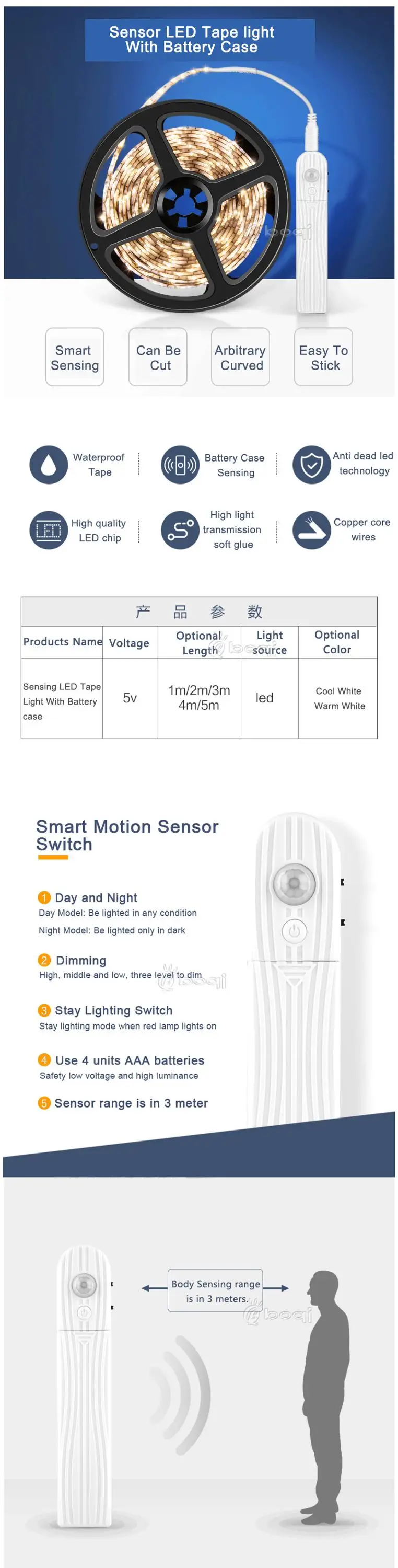 Smart Turn ON OFF PIR Motion Sensor & USB Port IP65 LED Strip Light Flexible adhesive lamp tape For Closet Stairs Cabinet