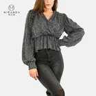 Design Women Blouse New Design Elegant V Neck Lantern Sleeve Flounce Hem Women Blouse Tops