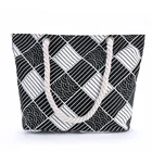 Custom Black&White Plaid Printing Shopping Shoulder Bag Rope Handle Cotton Canvas Zipper Tote Bags Handbag
