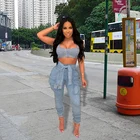 Wholesale Women's Blue Denim High Waist Side Pocket Jeans With Belt