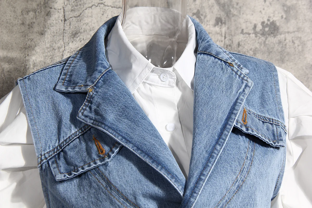 New Fashion Ladies Two-piece Veste Femme Irregular Short Denim Vest Jacket Puff Sleeve Loose Blouse Suit Women