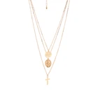 dx98003 Women Bohemian Retro Round Cross Pendant Gold Clavicle Chain Personality Multilayer Necklace Set
