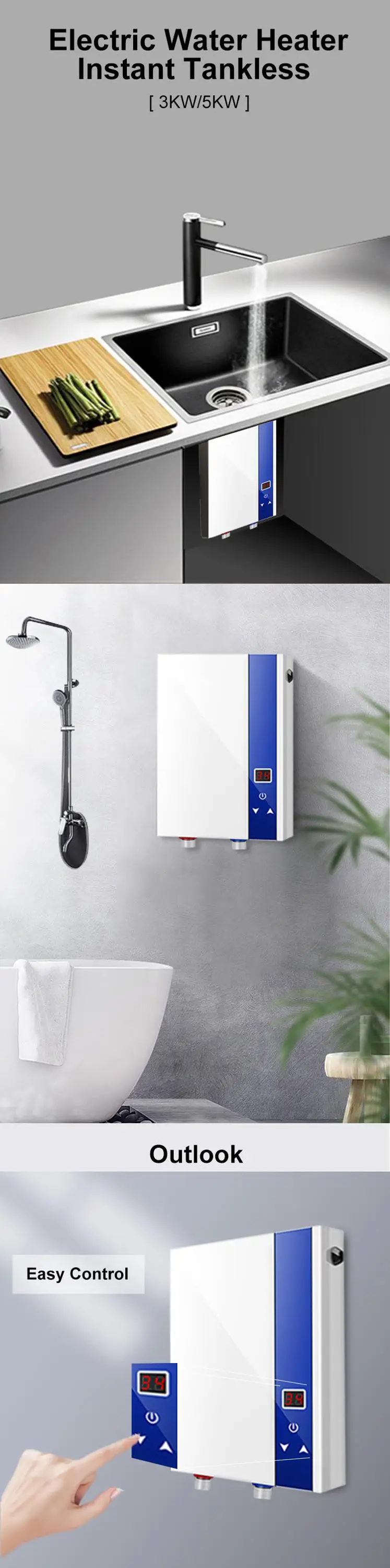 5KW-WH-DSK-E(E7)-10 LED Temperature Digital Display Electric Tankless Water Heater Bathroom Shower with water heater element