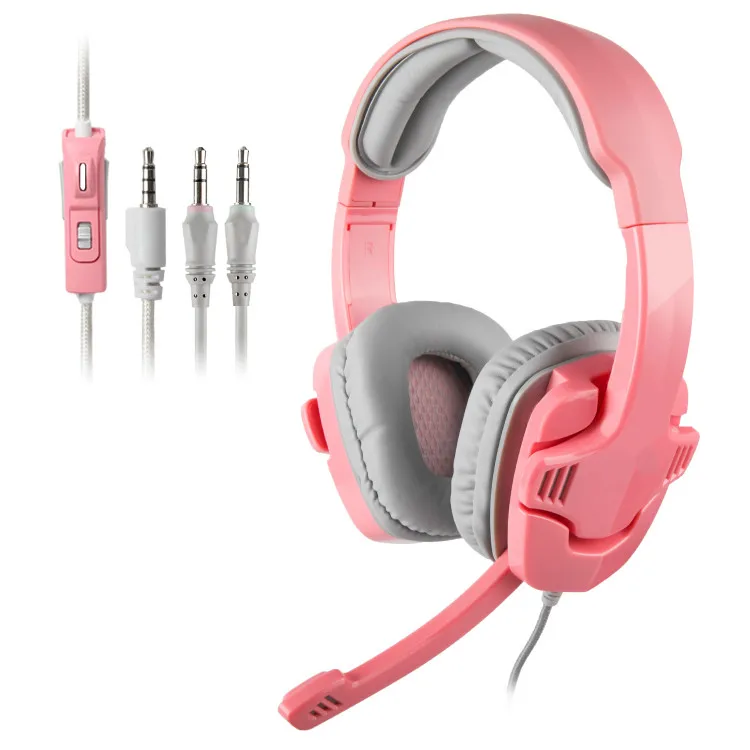 Pink Gaming Headset for Girl, Stereo Headphones for PC, 3.5mm Jack Wired Kid Headset with Detachable Mic Adjustable Headband
