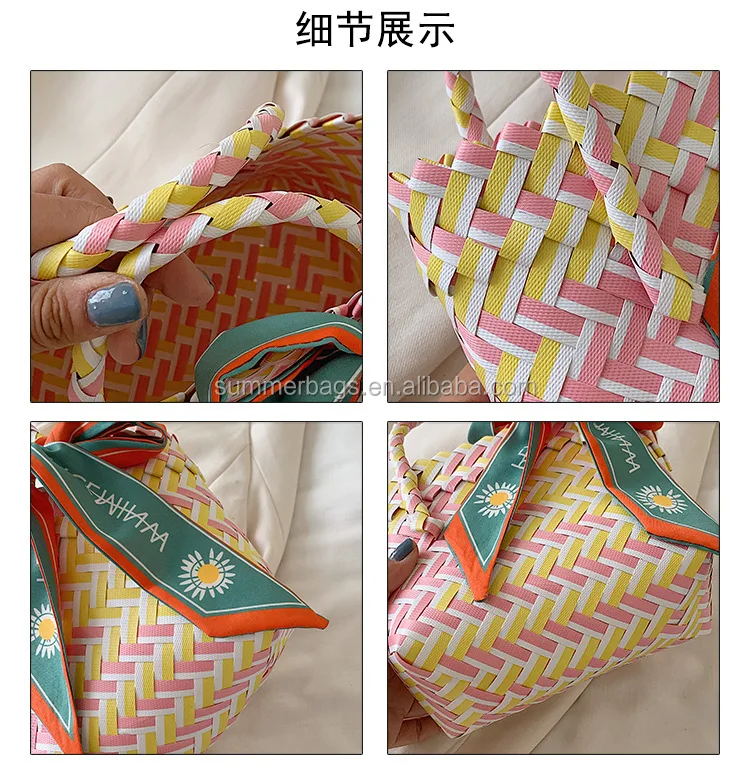 hand-woven straw bucket bag cute women fruit mini basket handbag