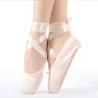 Pink Toe Ballet Dance Shoes With Ribbon Women Ballet Dance Canvas Pointe Shoes For Girls