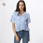 Wholesale Summer Flare Short Sleeve Ruffles Striped Wrap Peplum Top Blouse For Women