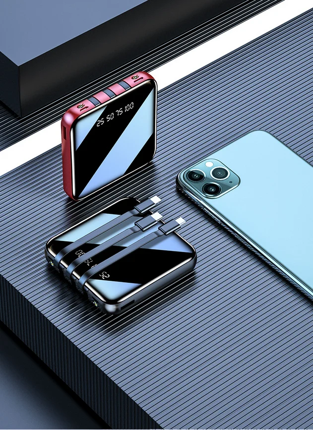 20000mAh Mirror Mini Power Bank Portable LED LCD Fast Charging slim Powerbank Quick Charge Mobile Charger with 3 in 1 cables