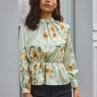 Top YILIBASHA 2020 Mock Neck Floral Print Peplum Top Long Sleeve Shirt
