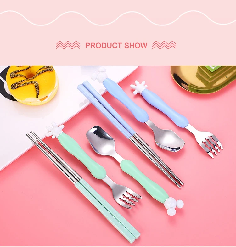 Cartoon Children's Cutlery Set Portable Flatware Set Chopsticks Spoon Fork 3-Piece Dinnerware Set Stainless Steel Tableware Sets