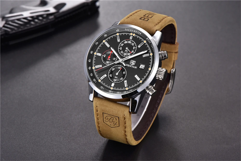 BENYAR 5102 Men Quartz Watch Chronograph Calendar Water Resistant Leather Wrist