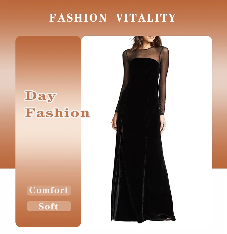 luxury sexy women black velvet gown mesh long sleeve slit maxi