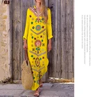 SSTAYING Women Boho Spring Summer Cotton Linen V-Neck Long Sleeve Floral Printing Travel Beach Party Long Shift Dress