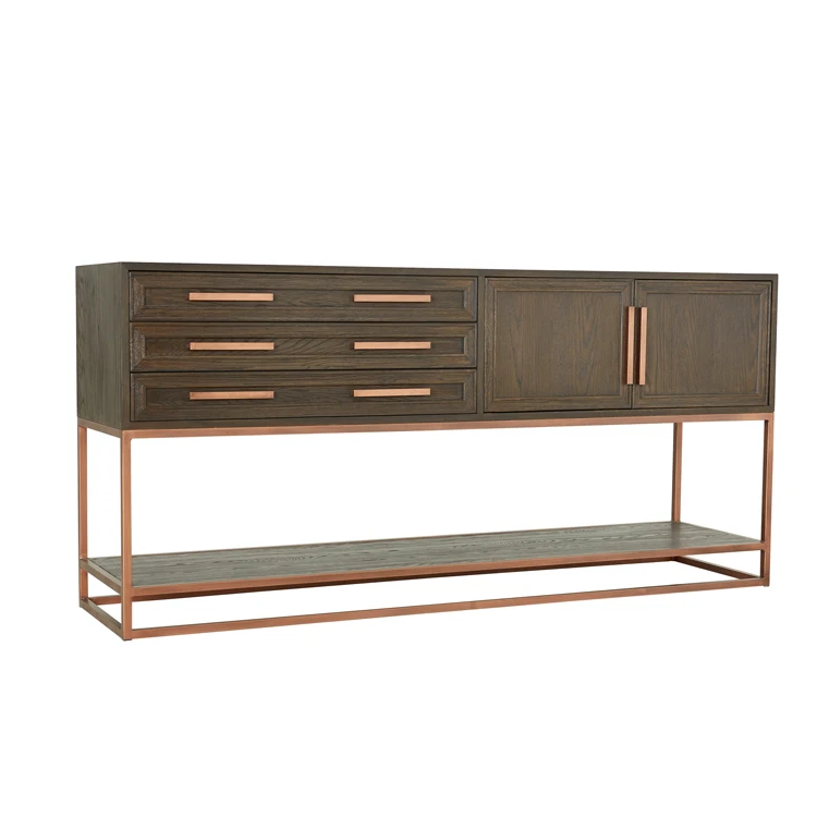 Classic vintage oak wood gold metal console wall table with shelf