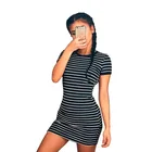 Summer Round Neck Short-sleeve Black White Striped Slim Mini Dress