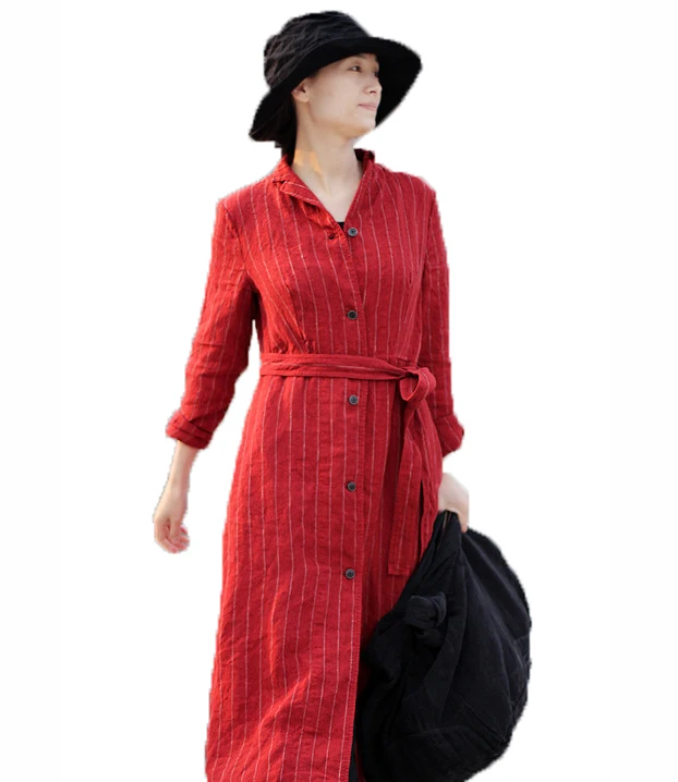 Las mujeres raya roja de manga larga chino vestido de lino 2019