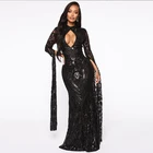 Long Sleeve Sequin Maxi Gown Black Party Maxi Evening Dress
