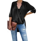 Trendy Women Shirt Wholesale Roll Long Sleeve Sexy Deep V Neck Front Wrap Tops Blouse