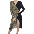 women long sleeve high sexi split leopard midi wrap dress