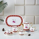 Red design pink swan pattern custom printed tea cups ceramic coffee set with plate