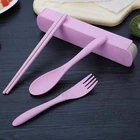 3 pcs wheat fiber spoon fork chopsticks cutlery set with case 4 colors reusable portable biodegradable eco friendly